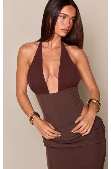Dark Brown Woven Plunge Corset Bodysuit Co-ord