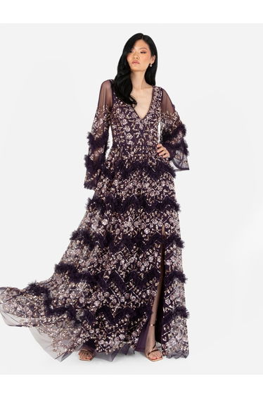 Maya Purple Fully Embellished Maxi Dress With Frill Detail