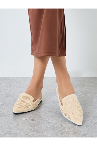 Beige Embroidered Velvet Mules