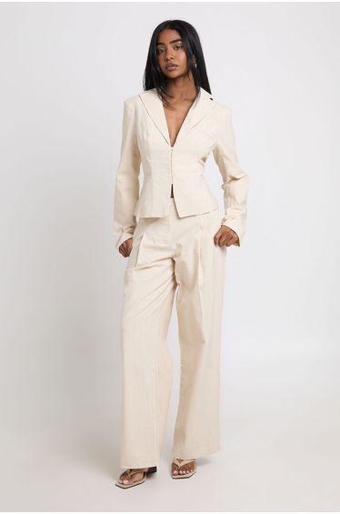Linen Look Hook & Eye Blazer - natural