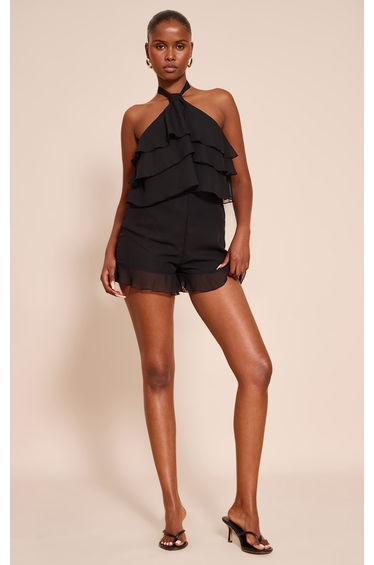 Black Chiffon Halter Neck Frill Playsuit