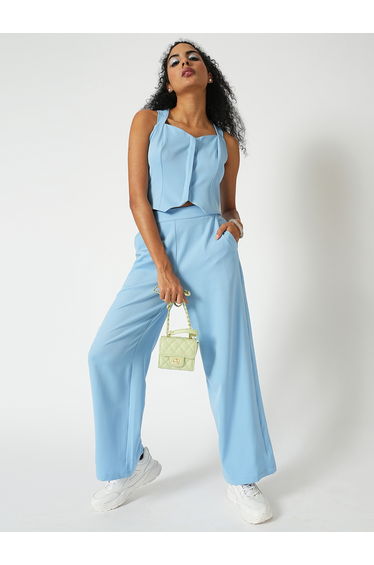 Women Blue Cross Strap Back Crop Top and Trousers Co-Ords