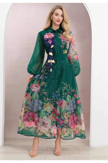 Floral-Kissed Button-Down Organza Maxi Dress with Brooch in Dark Green for Romantic Retreats & Sunset Dinners