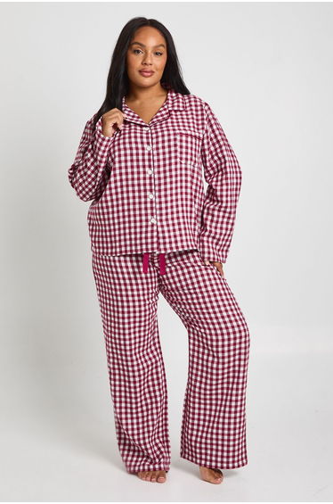 Plus Soft Touch Gingham Long Sleeve Shirt and Trouser Pyjama Set