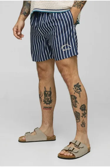 Branded Stripe Mid Length Swim Short - navy