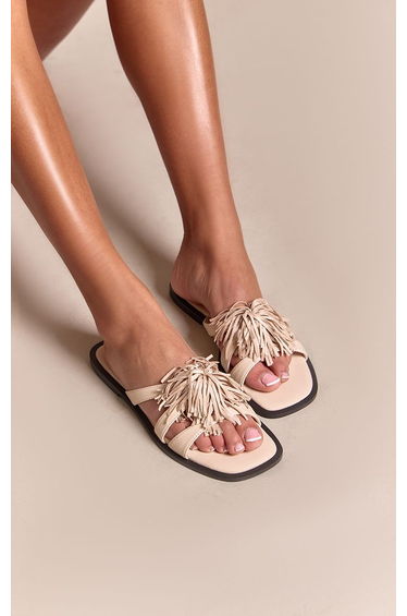 Butter Yellow Fringe Trim Toe Thong Flat Sandals