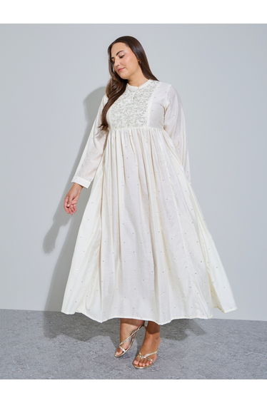 Plus Size Cream Embroidered A-Line Maxi Dress
