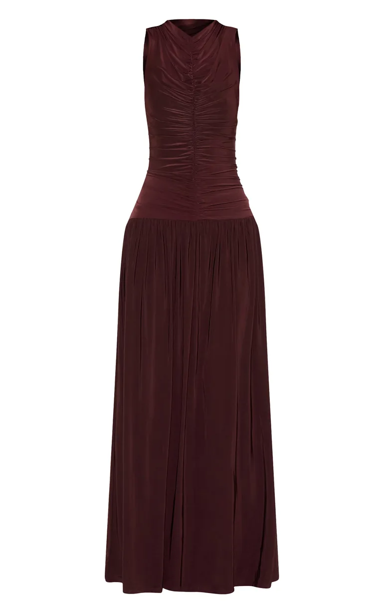 Chocolate Double Layer Soft Touch Drop Waist Ruched Maxi Dress  Prettylittlething : Evening Dresses : VogaCloset Iraq
