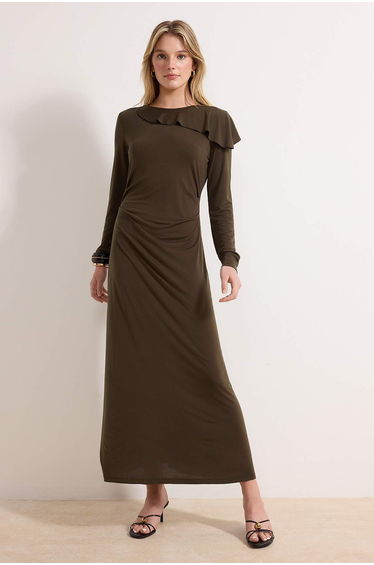 Khaki Unlined Plain Knitted Sandy Hijab Dress