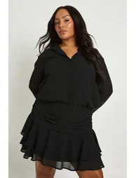 Plus Ruffle Mini Skirt Shirt Dress - black