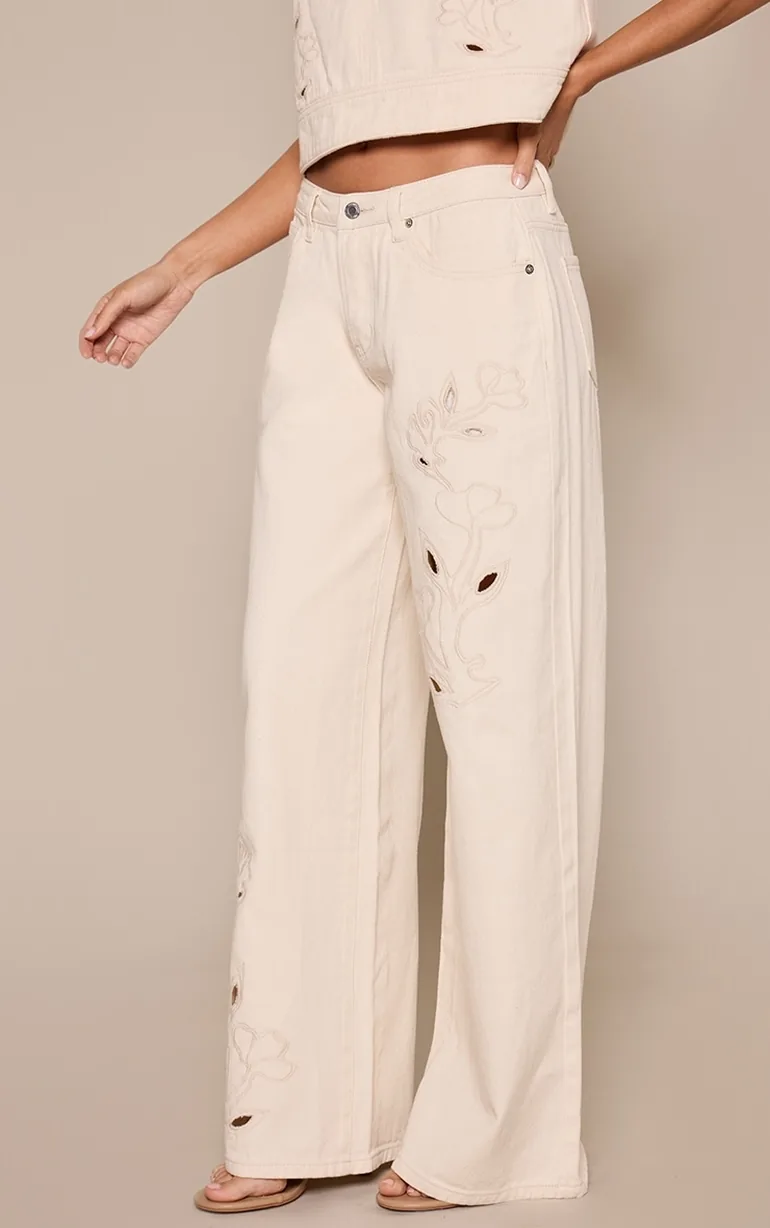 Ecru Embroidery Detail Wide Leg Jean