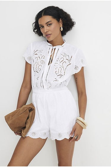 White Cotton Broderie Cutwork Playsuit