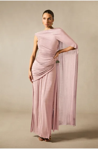 Aubrie One Shoulder Draped Cape Maxi Dress