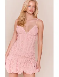 Baby Pink Textured Strappy Corset Puffball Dress