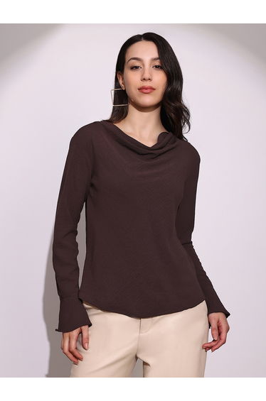 Women Brown Cowl Neck Flared Sleeves Top