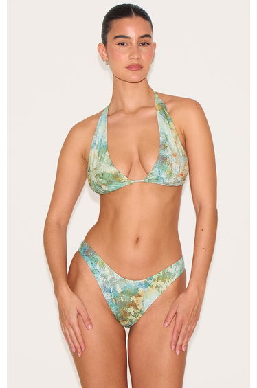 Green Mottled Print High Leg Bikini Bottoms