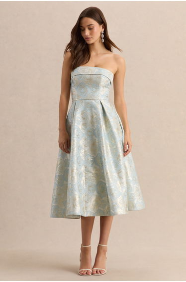 Tori | Powder Blue Jacquard Bandeau Skater Dress