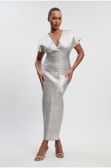 Plus Size Foil Metallic Figure Form Angel Sleeve Knit Maxi Dress