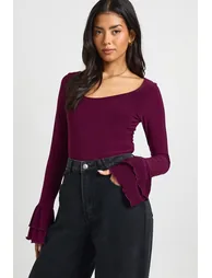 Slinky Scoop Neck Long Bell Sleeve Top - berry