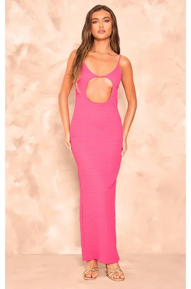 Hot Pink Textured Cut Out Detail Strappy Dress