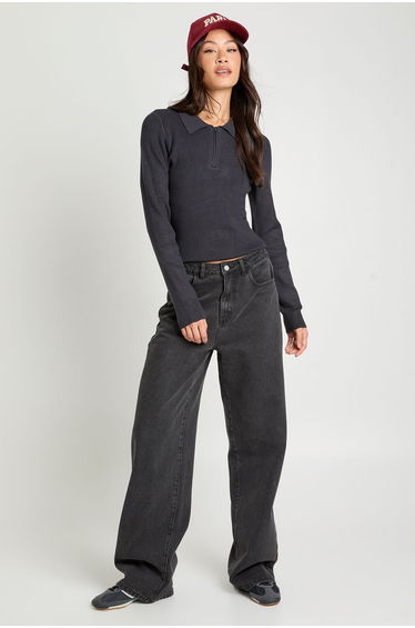 Tall Premium Long Sleeve Collared Rib Knit Top - charcoal