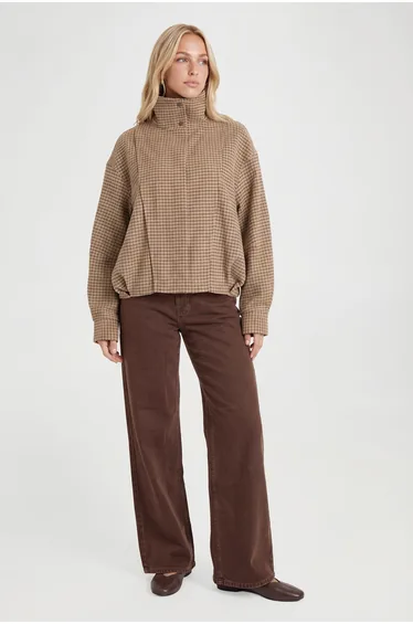 Tonal Check Wool Look Jacket - beige