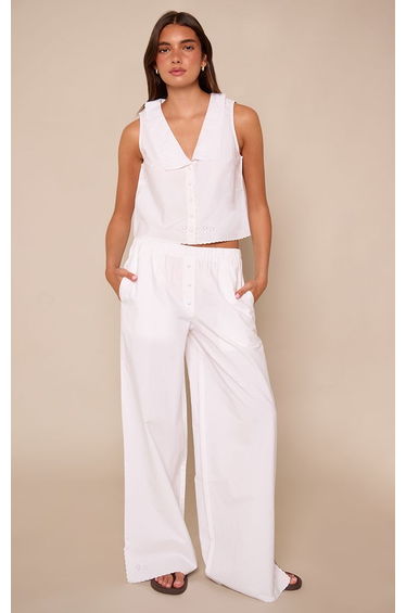 White Embroidered Detail Trousers Co-ord