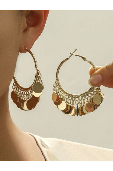 Golden Hoop Earrings with Circle Tassel Pendants