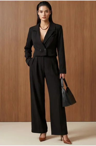 MY FASHION Buttoned Jacket and Pleated Pants Two-Piece Set