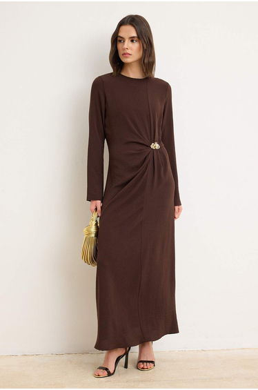Brown Unlined Plain Woven Dress&Jumpsuit Aerobin Hijab Dress
