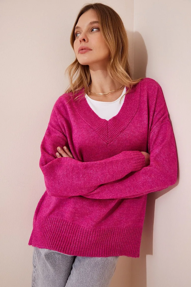 Women's Pink V-Neck Oversize Knitwear Sweater - 1