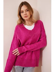 Women's Pink V-Neck Oversize Knitwear Sweater - 2