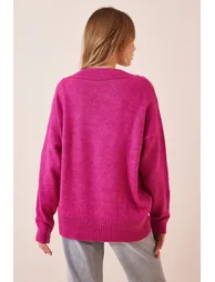 Women's Pink V-Neck Oversize Knitwear Sweater - 3