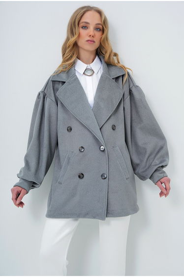 Women's Gray Double Breasted Lapel Balloon Sleeve Cashew Coat