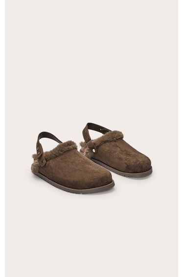 Khaki Faux Suede Faux Fur Lined Mules