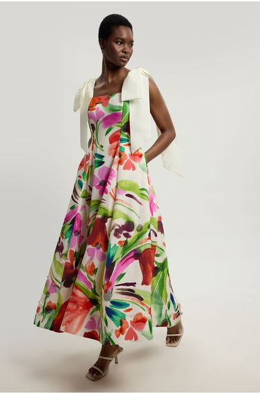 Viscose Linen Floral Print Woven Prom Dress
