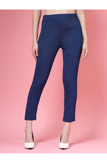 Women Blue Solid High-Rise Cropped Skinny Pants