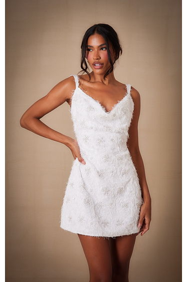 Premium White Sequin Embroidered Cowl Neck Shift Dress