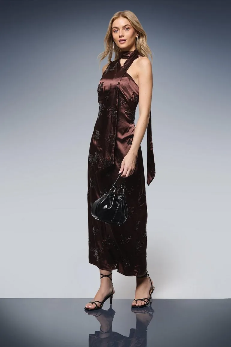 satin tie neck midi dress Principles Women's Tie Waist High Neck Satin Midi Dress in Wine