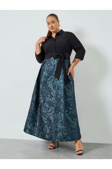 Plus Size Blue Jacquard A-Line Maxi Dress