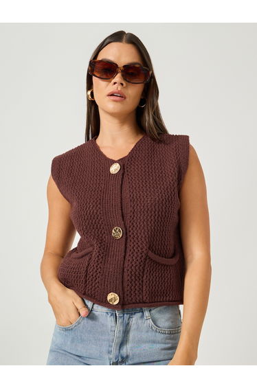 Open Knit Sleeveless Button Front Top