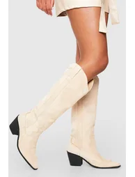 Knee High Heeled Western Cowboy Boots - beige