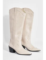 Knee High Heeled Western Cowboy Boots - beige - 2