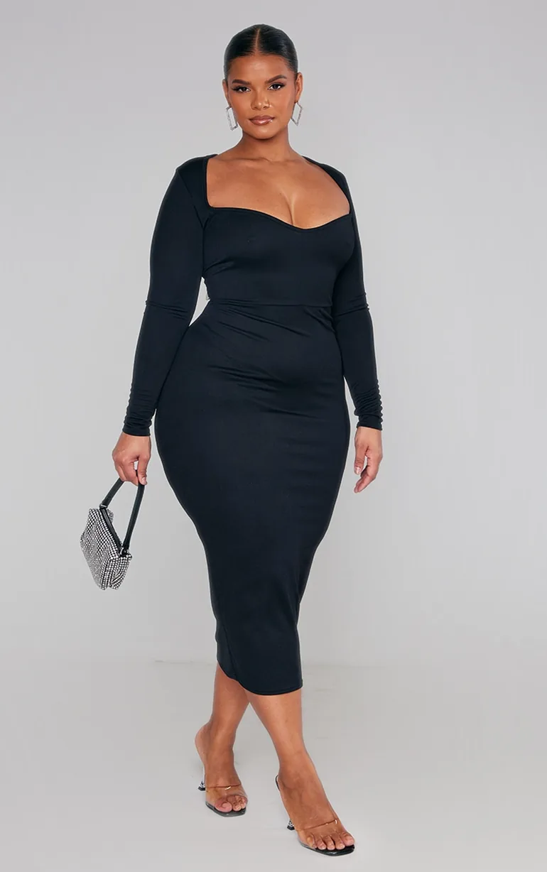 Shop Plus Black Sweetheart Neck Long Sleeve Midi Dress Online in Kazakhstan Shop Plus Black Sweetheart Neck Long Sleeve Midi Dress Online in Kazakhstan
