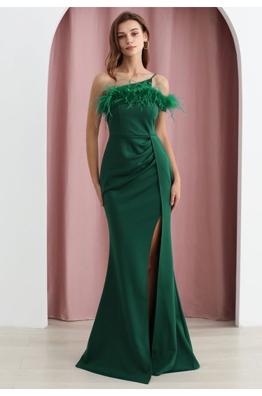 Feather Trim One-Shoulder Slit Mermaid Gown in Dark Green