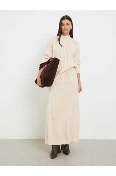 Beige Regular Fit Cable Knit Sweater