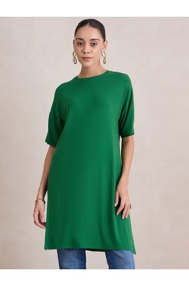 Green Knit Slit Detail Longline Top
