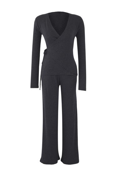 Anthracite Wrap Wideleg/Wide Leg Knitted Top-Bottom Set