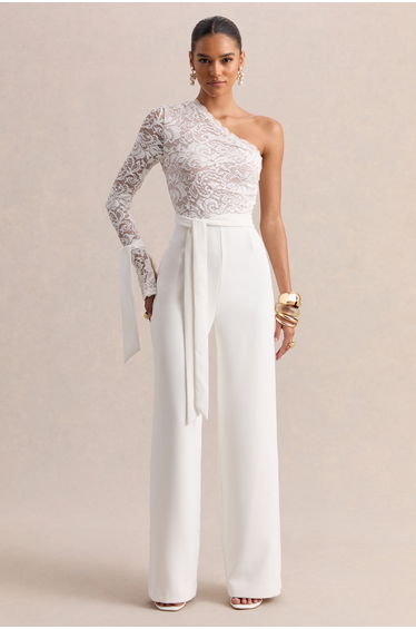 Clarence | White Lace Asymmetric-Neck Jumpsuit With Bow-Details