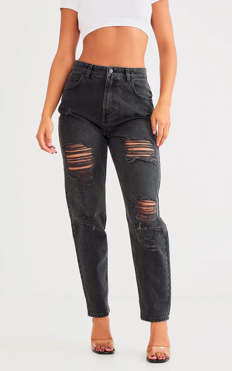 PRETTYLITTLETHING Washed Black Distressed Mom Jeans - 1